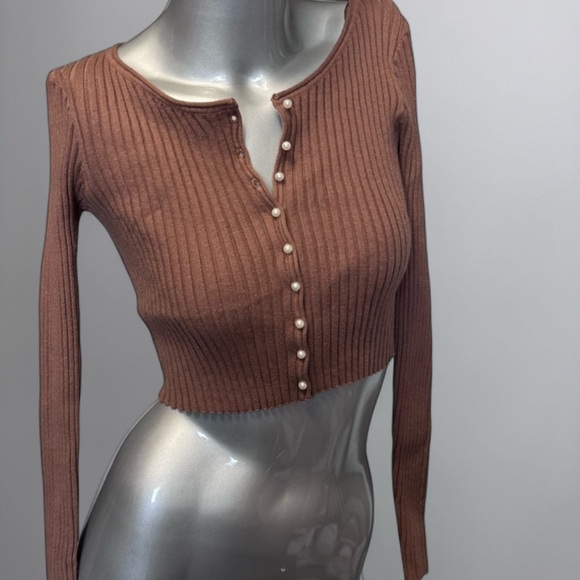 Pearl-Beads Camel-Brown Cardigan Sweater Cropped - Picture 1 of 5